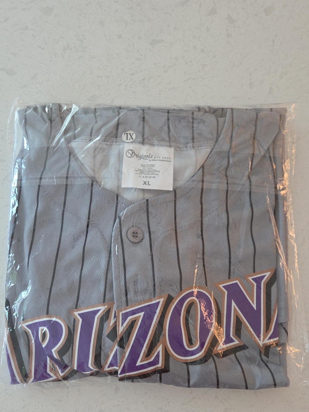 Men's Gray Pinstripe Baseball Jersey with Purple 'Rizon' Graphic - XL